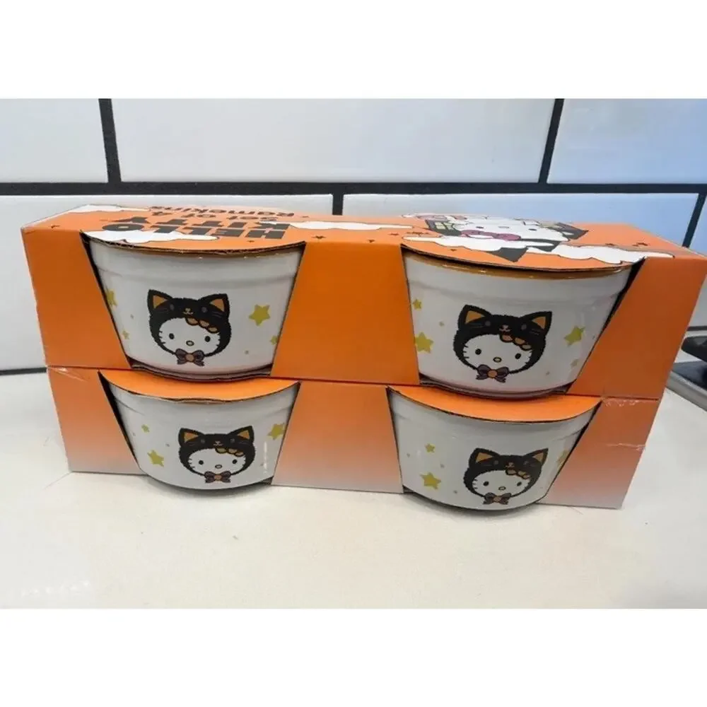 Sanrio Hello Kitty Halloween Black Cat Stars Set Of 4 Baking Ramekins White‎ NEW